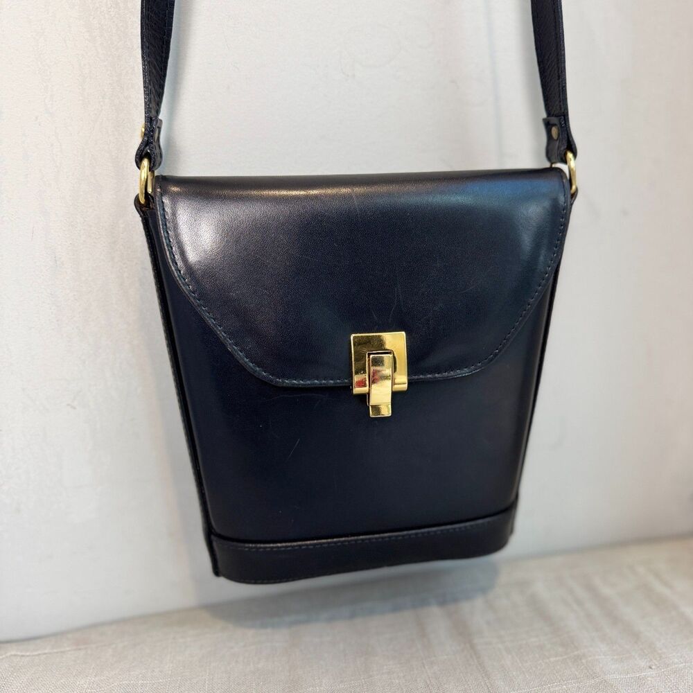 Italian Leather Slim Tapered Crossbody Bag Handmade Florence Navy Blue Brass